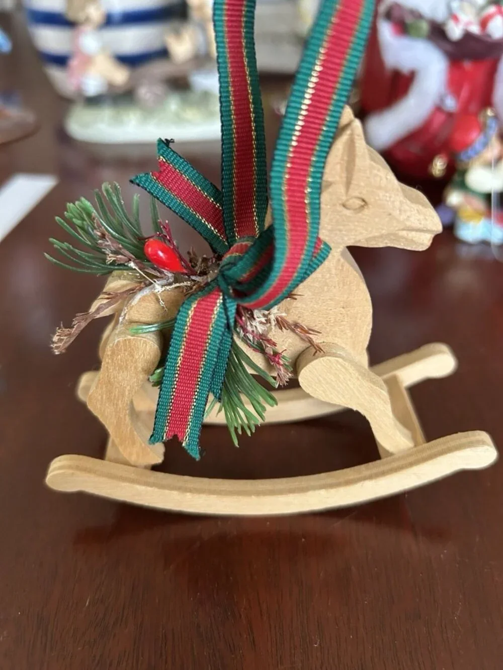 Wood Rocking Horse and Santa Ornaments Set of 2